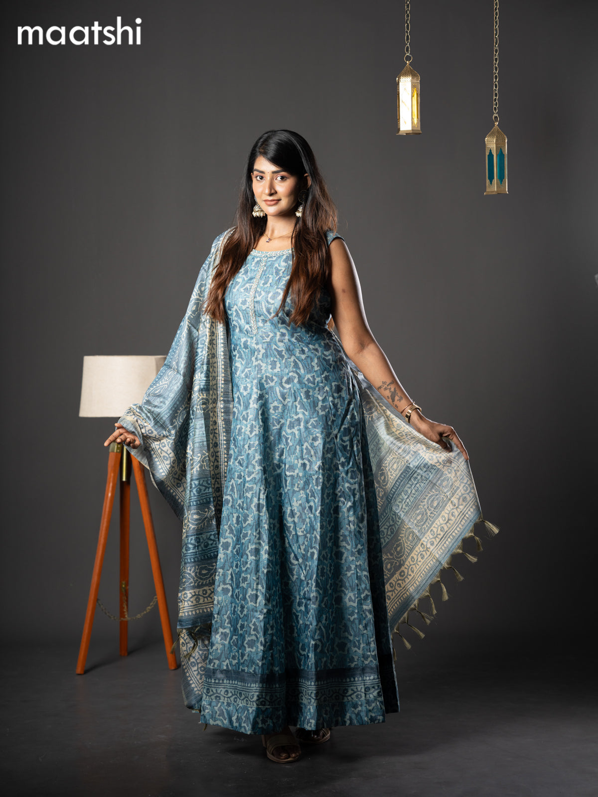 Chanderi readymade anarkali suit blue shade and  with allover prints & simple embroidery neck design and straight cut pant & dupatta