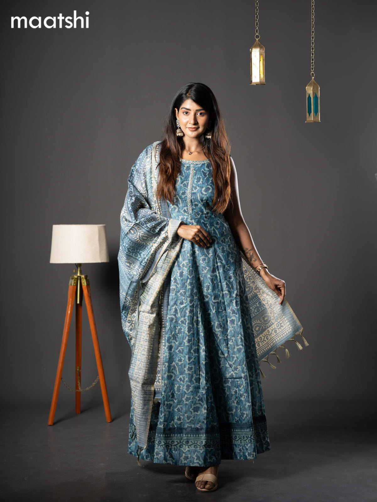 Chanderi readymade anarkali suit blue shade and  with allover prints & simple embroidery neck design and straight cut pant & dupatta