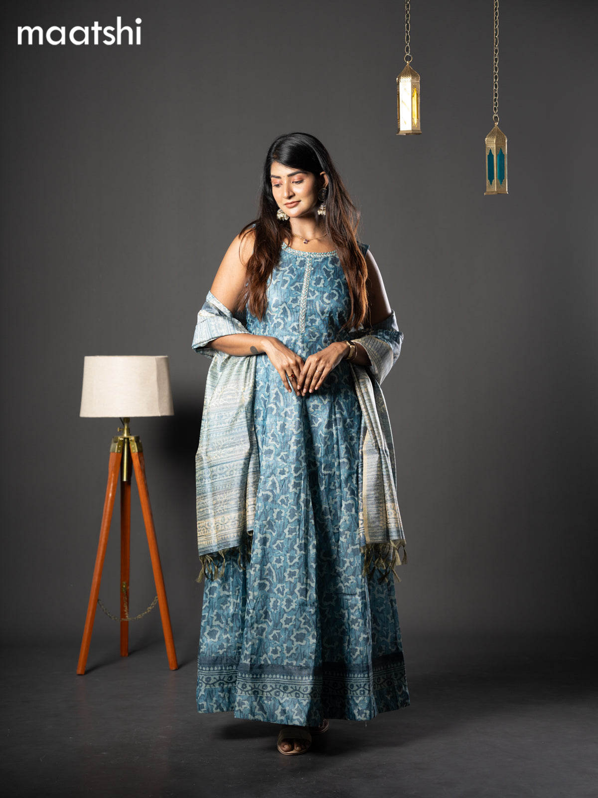 Chanderi readymade anarkali suit blue shade and  with allover prints & simple embroidery neck design and straight cut pant & dupatta