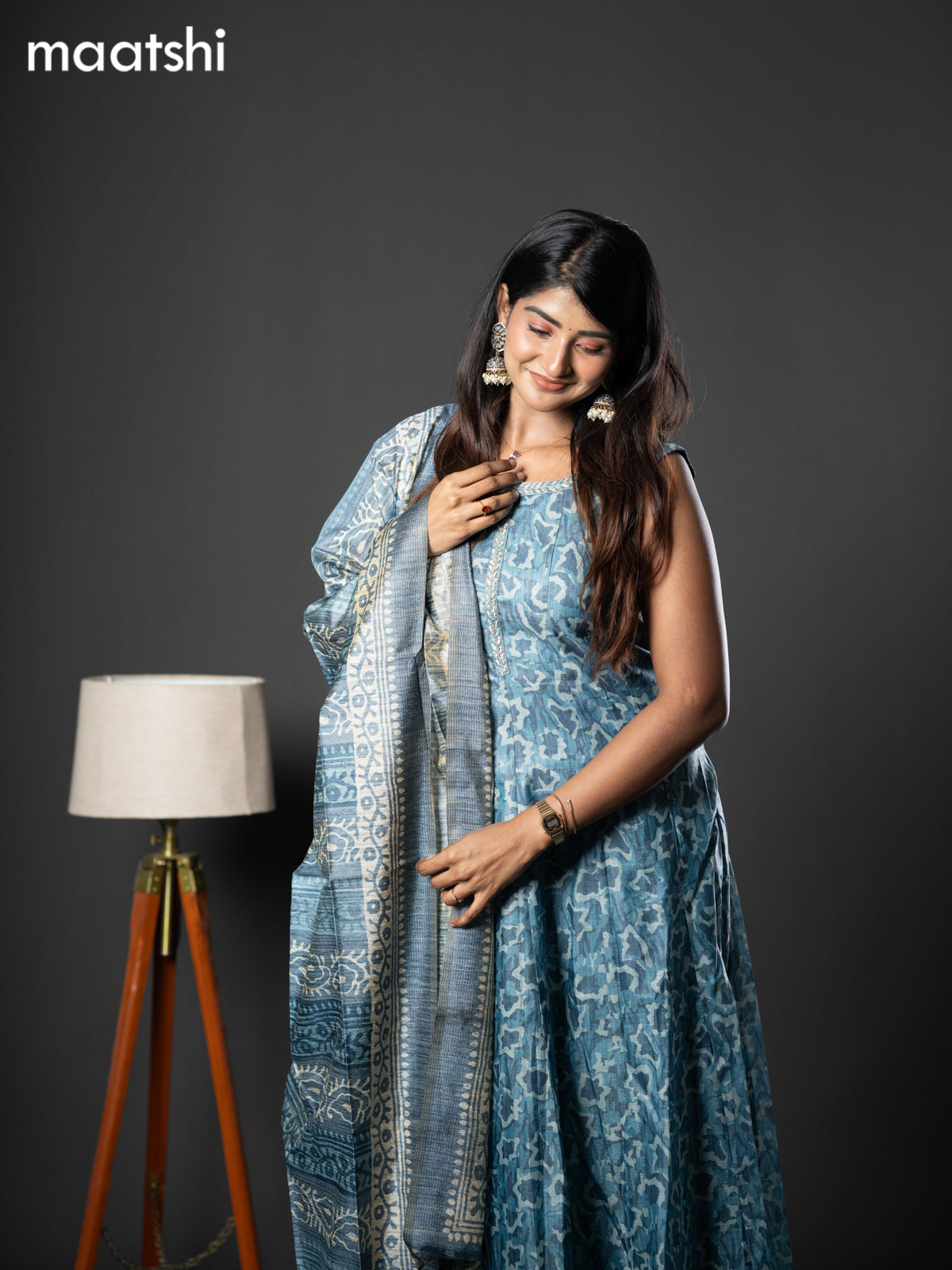 Chanderi readymade anarkali suit blue shade and  with allover prints & simple embroidery neck design and straight cut pant & dupatta