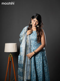 Chanderi readymade anarkali suit blue shade and  with allover prints & simple embroidery neck design and straight cut pant & dupatta