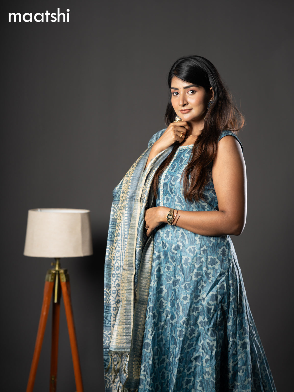 Chanderi readymade anarkali suit blue shade and  with allover prints & simple embroidery neck design and straight cut pant & dupatta