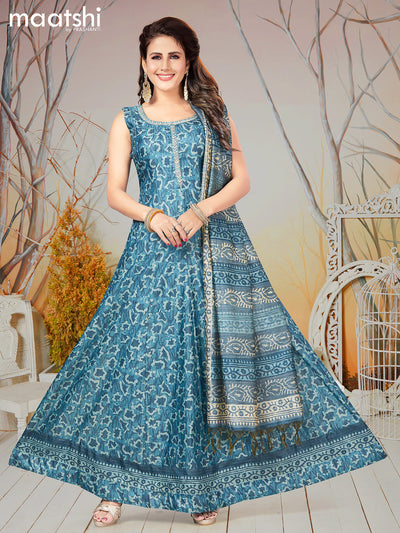 Chanderi readymade anarkali suits blue shade and  with allover prints & simple embroidery neck design and straight cut pant & dupatta