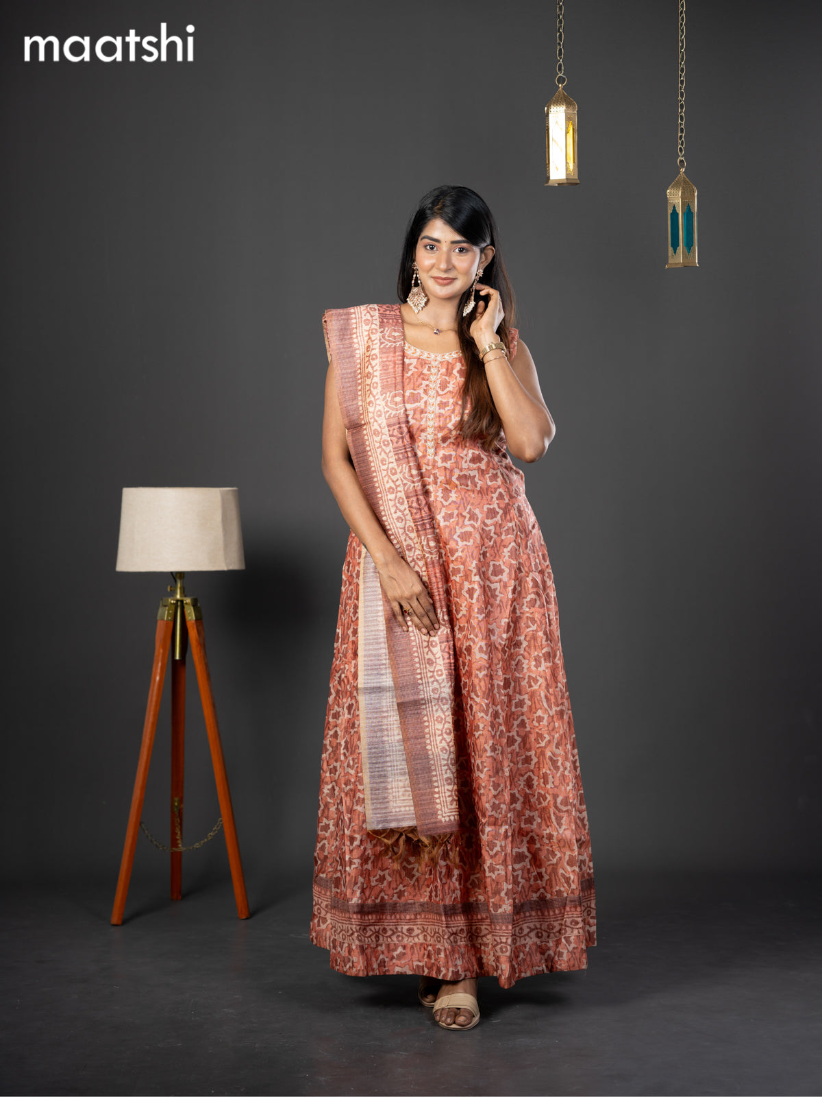 Chanderi readymade anarkali suit rustic brown and  with allover prints & simple embroidery neck design and straight cut pant & dupatta