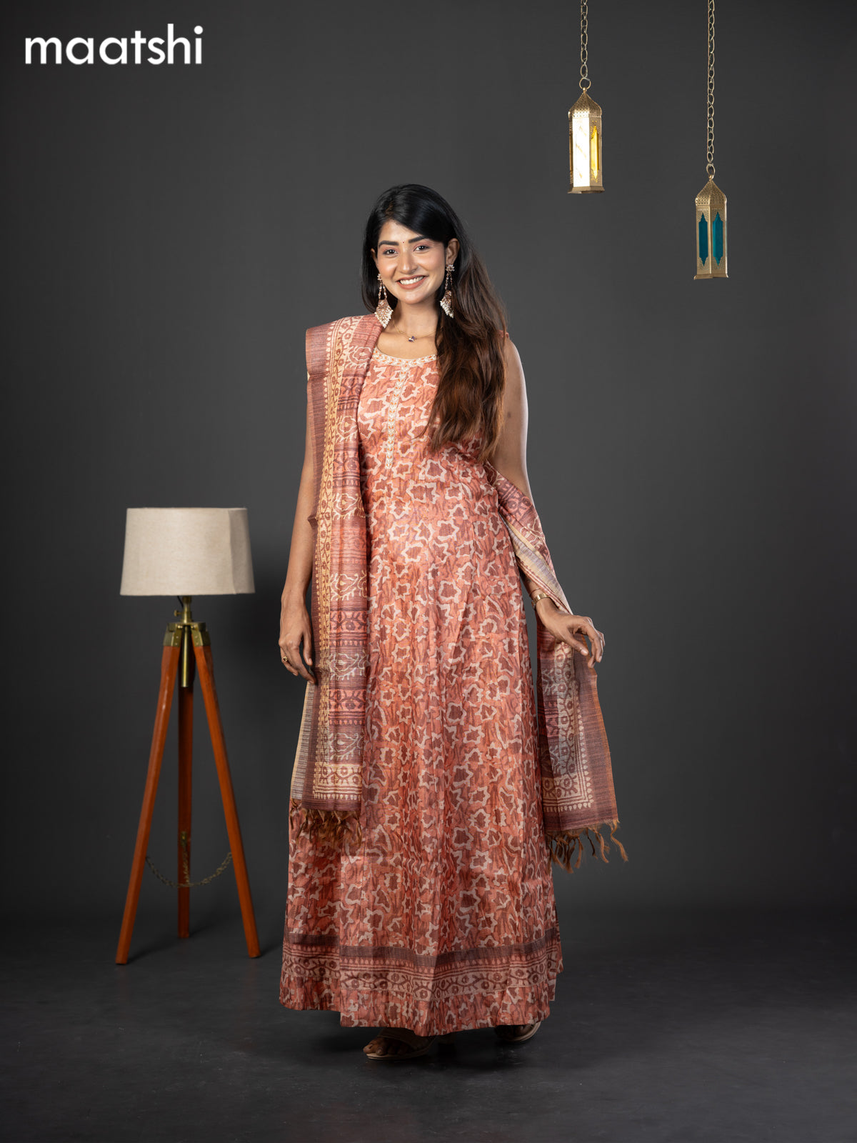 Chanderi readymade anarkali suit rustic brown and  with allover prints & simple embroidery neck design and straight cut pant & dupatta