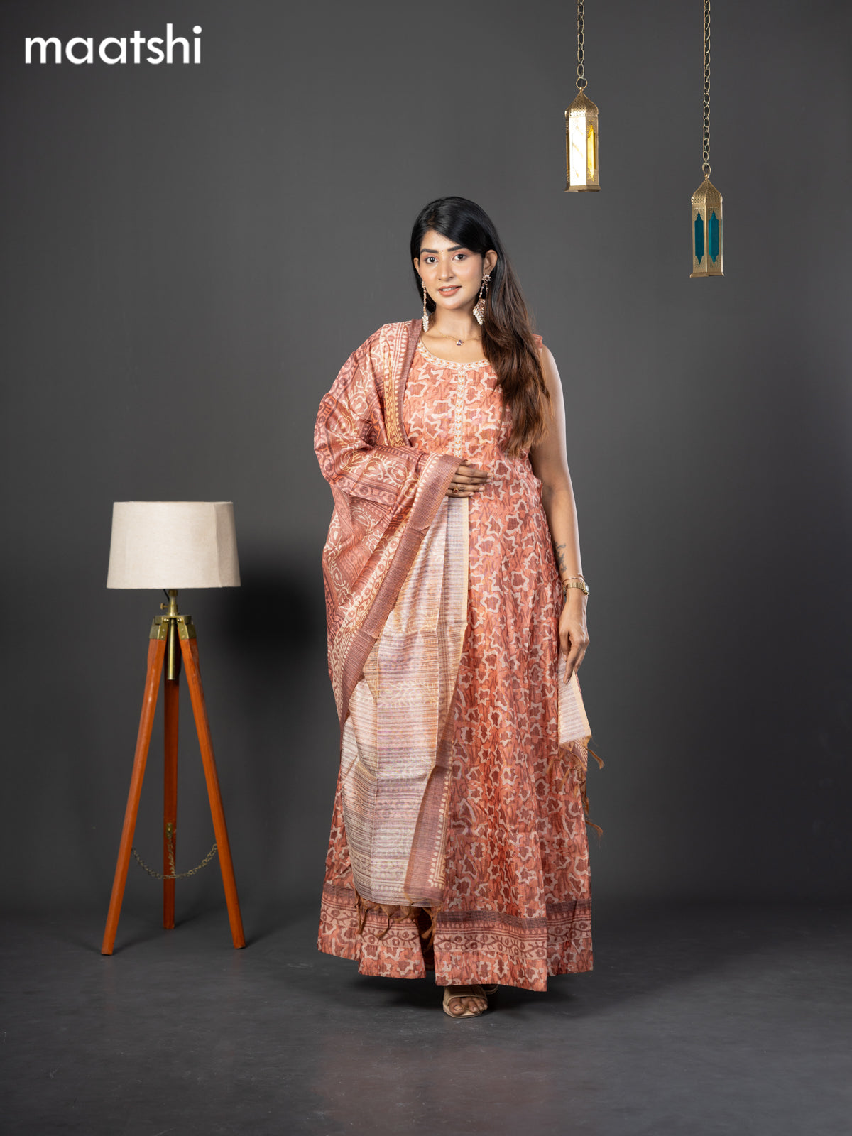 Chanderi readymade anarkali suit rustic brown and  with allover prints & simple embroidery neck design and straight cut pant & dupatta