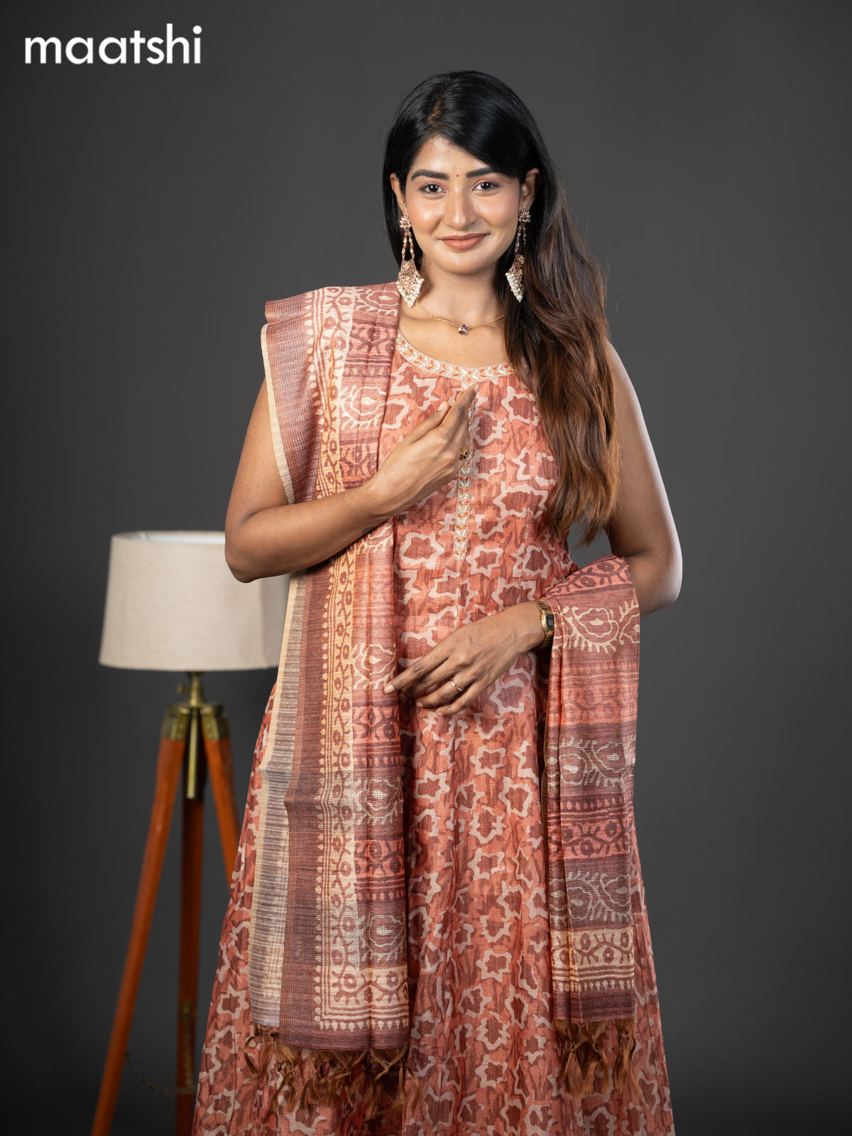 Chanderi readymade anarkali suit rustic brown and  with allover prints & simple embroidery neck design and straight cut pant & dupatta