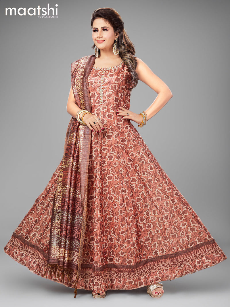 Chanderi readymade anarkali suits rustic brown and  with allover prints & simple embroidery neck design and straight cut pant & dupatta
