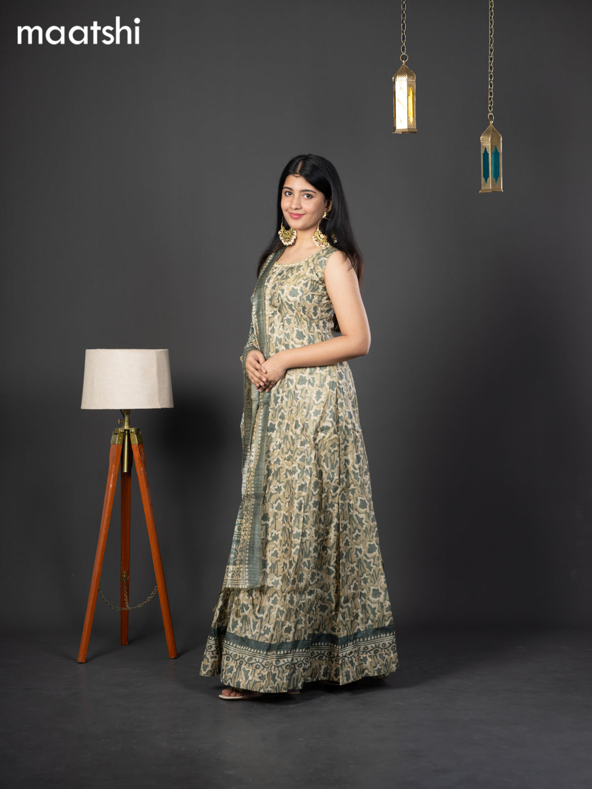 Chanderi readymade anarkali suit green shade and  with allover prints & simple embroidery neck design and straight cut pant & dupatta