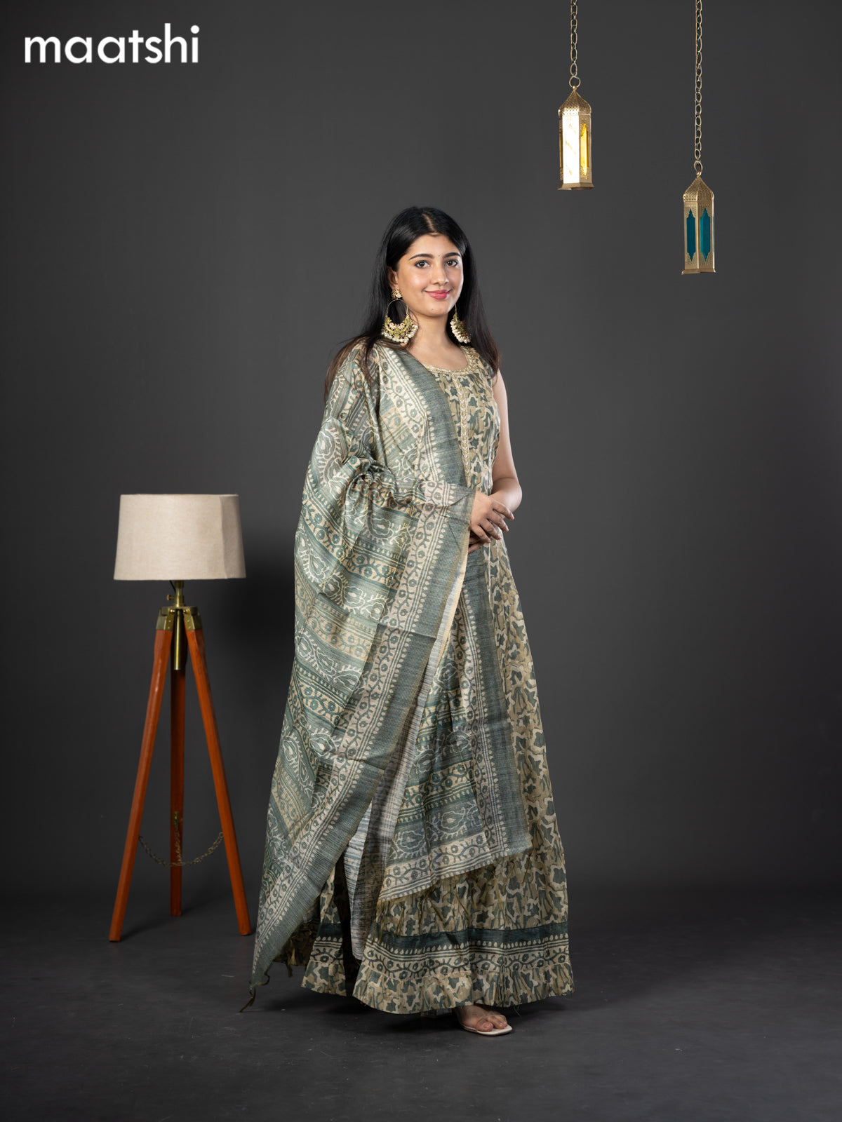 Chanderi readymade anarkali suit green shade and  with allover prints & simple embroidery neck design and straight cut pant & dupatta