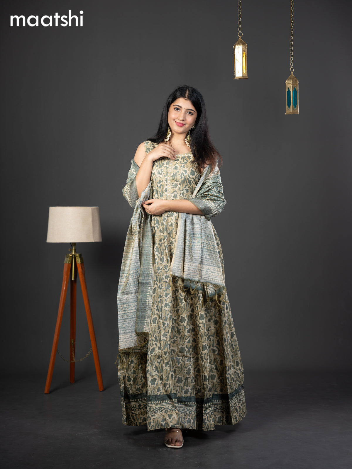 Chanderi readymade anarkali suit green shade and  with allover prints & simple embroidery neck design and straight cut pant & dupatta
