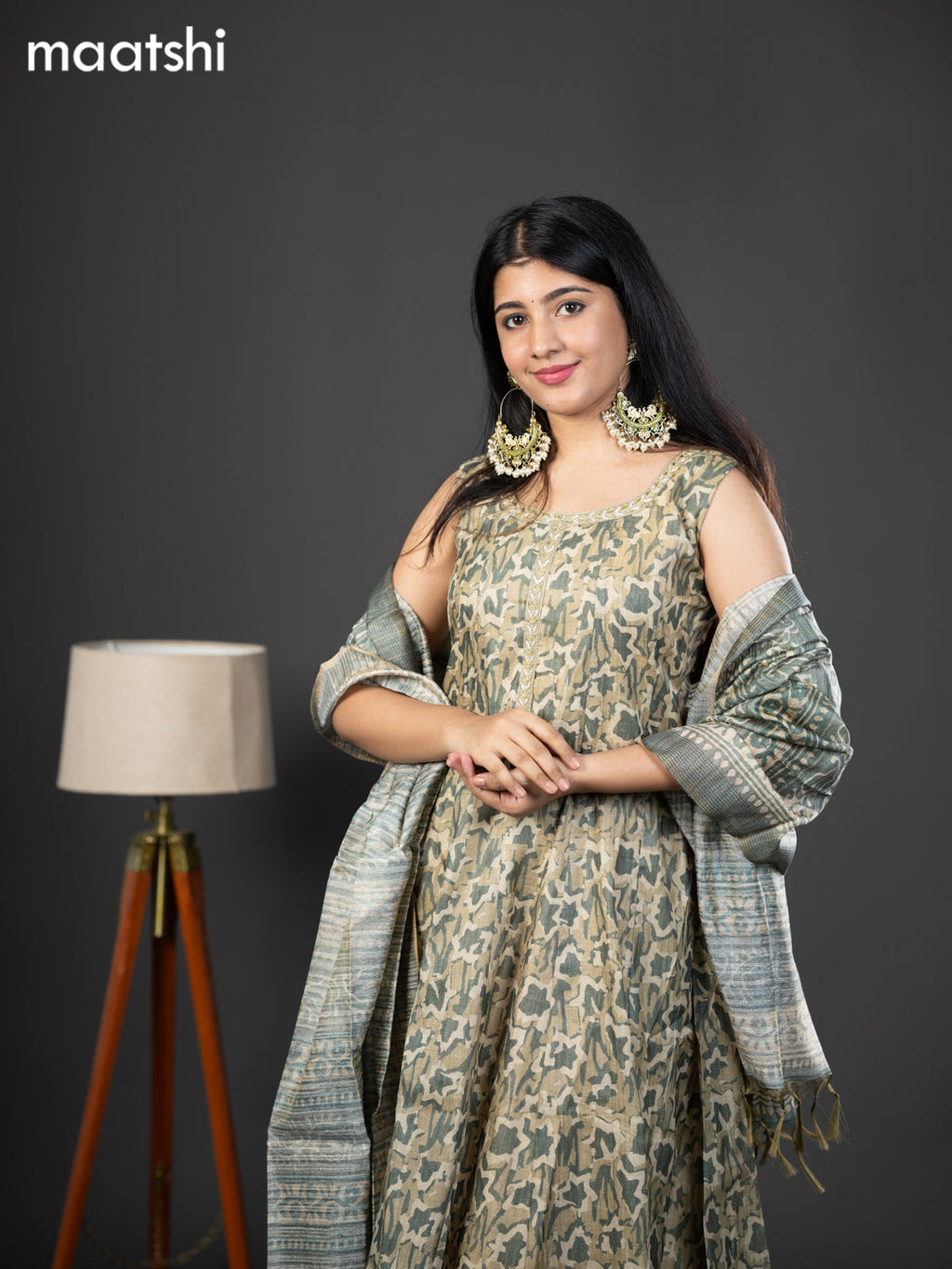 Chanderi readymade anarkali suit green shade and  with allover prints & simple embroidery neck design and straight cut pant & dupatta