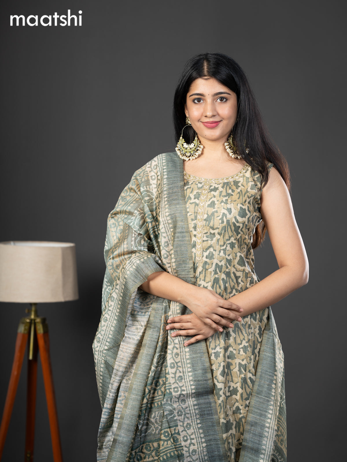 Chanderi readymade anarkali suit green shade and  with allover prints & simple embroidery neck design and straight cut pant & dupatta