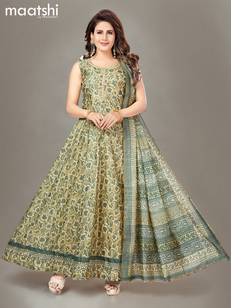 Chanderi readymade anarkali suits green shade and  with allover prints & simple embroidery neck design and straight cut pant & dupatta