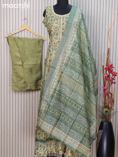 Chanderi readymade anarkali suits green shade and  with allover prints & simple embroidery neck design and straight cut pant & dupatta
