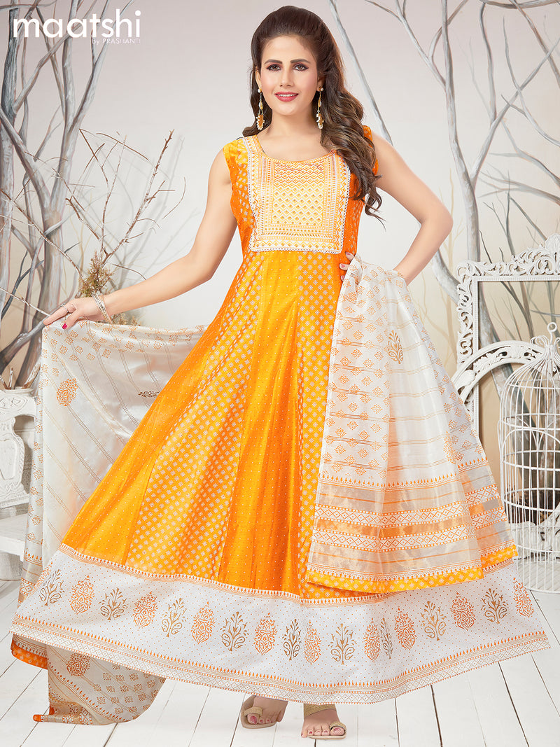 Raw silk readymade anarkali salwar suit mustard yellow and off white with allover prints & embroidery sequin work neck pattern and straight cut pant & printed dupatta- Sleeves Attached