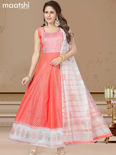 Raw silk readymade anarkali salwar suit peach shade and off white with allover prints & embroidery sequin work neck pattern and straight cut pant & printed dupatta- Sleeves Attached