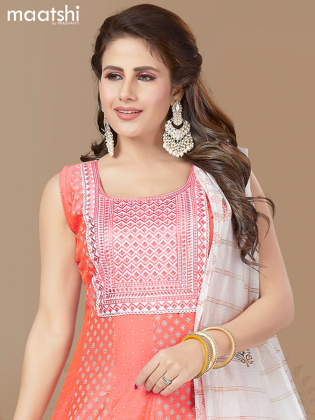 Raw silk readymade anarkali salwar suit peach shade and off white with allover prints & embroidery sequin work neck pattern and straight cut pant & printed dupatta- Sleeves Attached