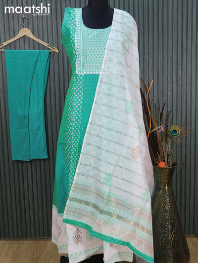 Raw silk readymade anarkali salwar suit dual shade of bluish green and off white with allover prints & embroidery sequin work neck pattern and straight cut pant & printed dupatta- Sleeves Attached