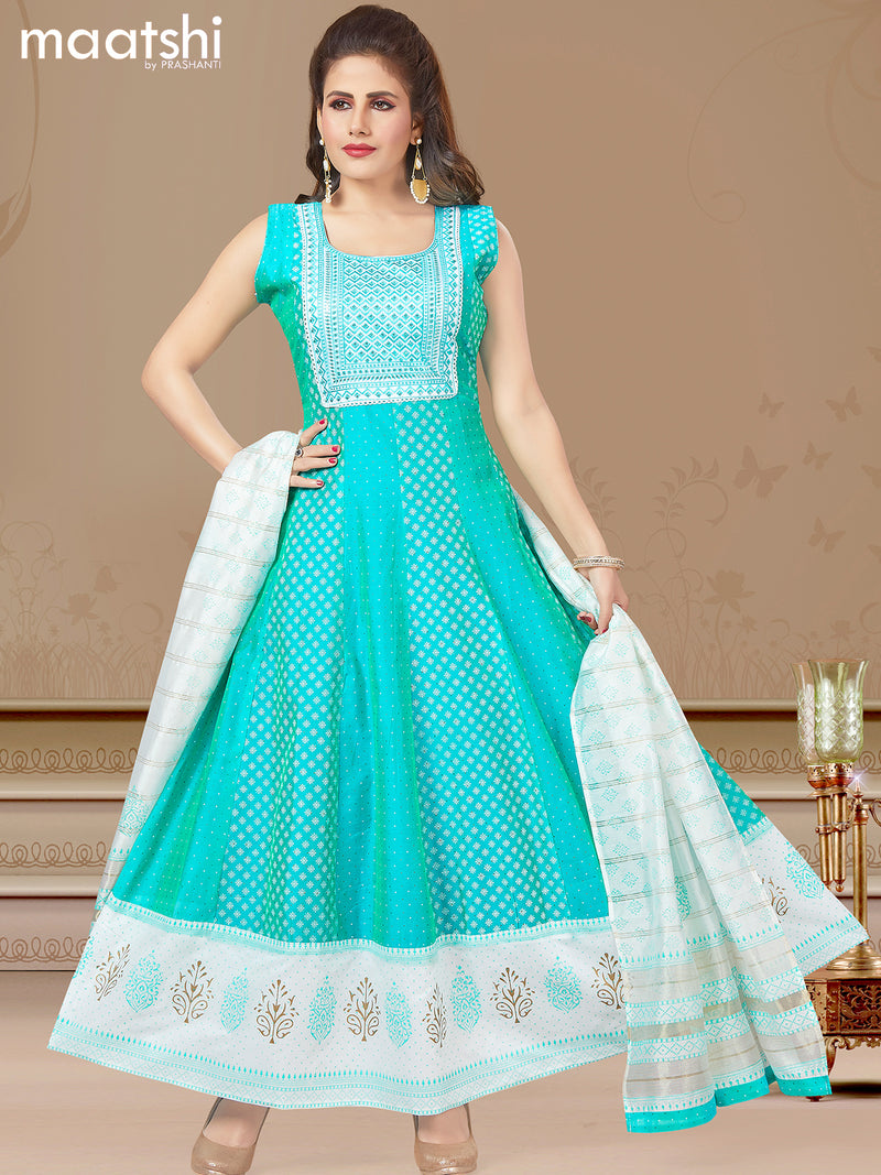 Raw silk readymade anarkali salwar suit dual shade of bluish green and off white with allover prints & embroidery sequin work neck pattern and straight cut pant & printed dupatta- Sleeves Attached