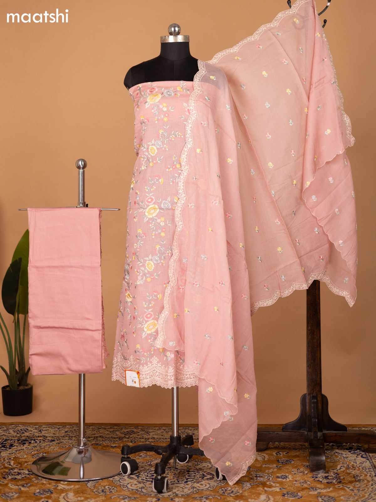 Peach Mul Chanderi Dress Material With Allover Floral Embroidery Work Pattern