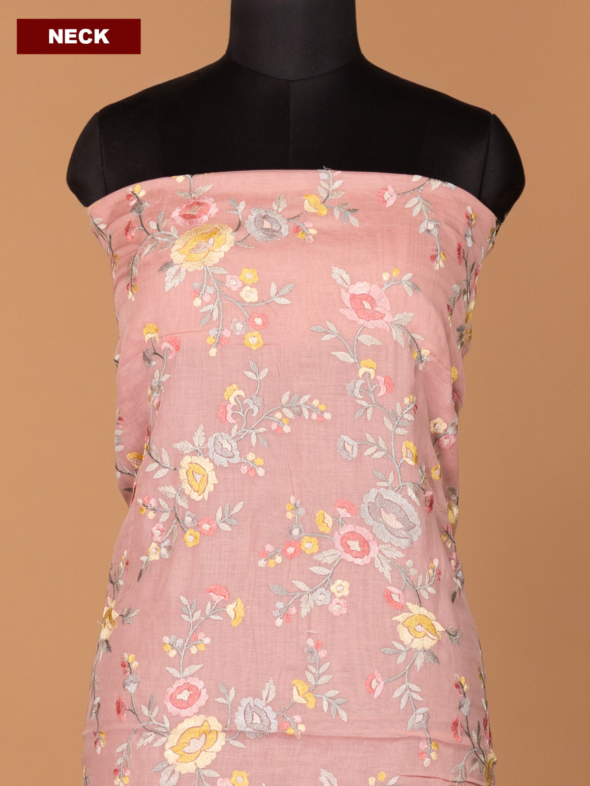Peach Mul Chanderi Dress Material With Allover Floral Embroidery Work Pattern