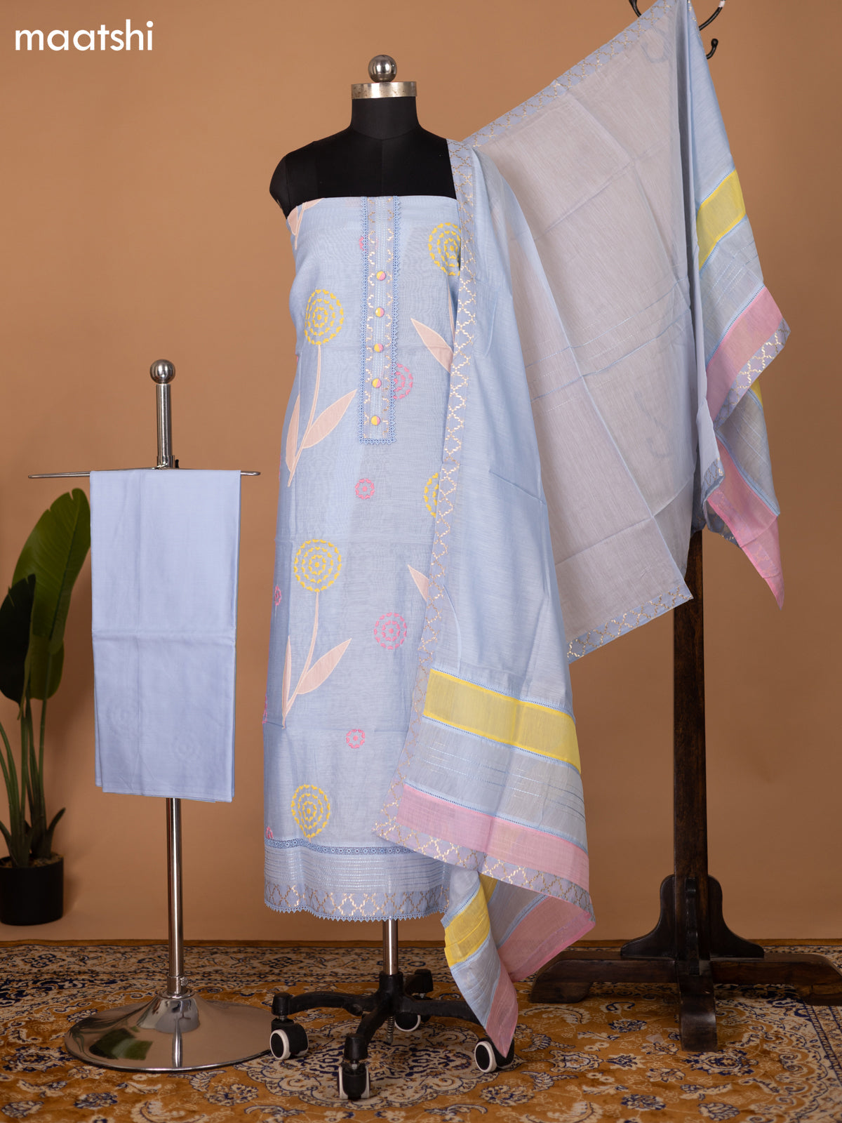 Pastel Blue Mul Chanderi Dress Material With Embroidery Work Pattern