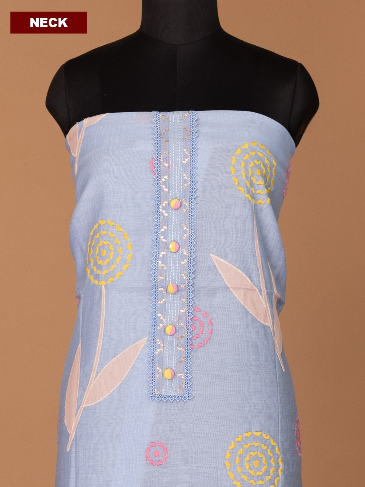 Pastel Blue Mul Chanderi Dress Material With Embroidery Work Pattern