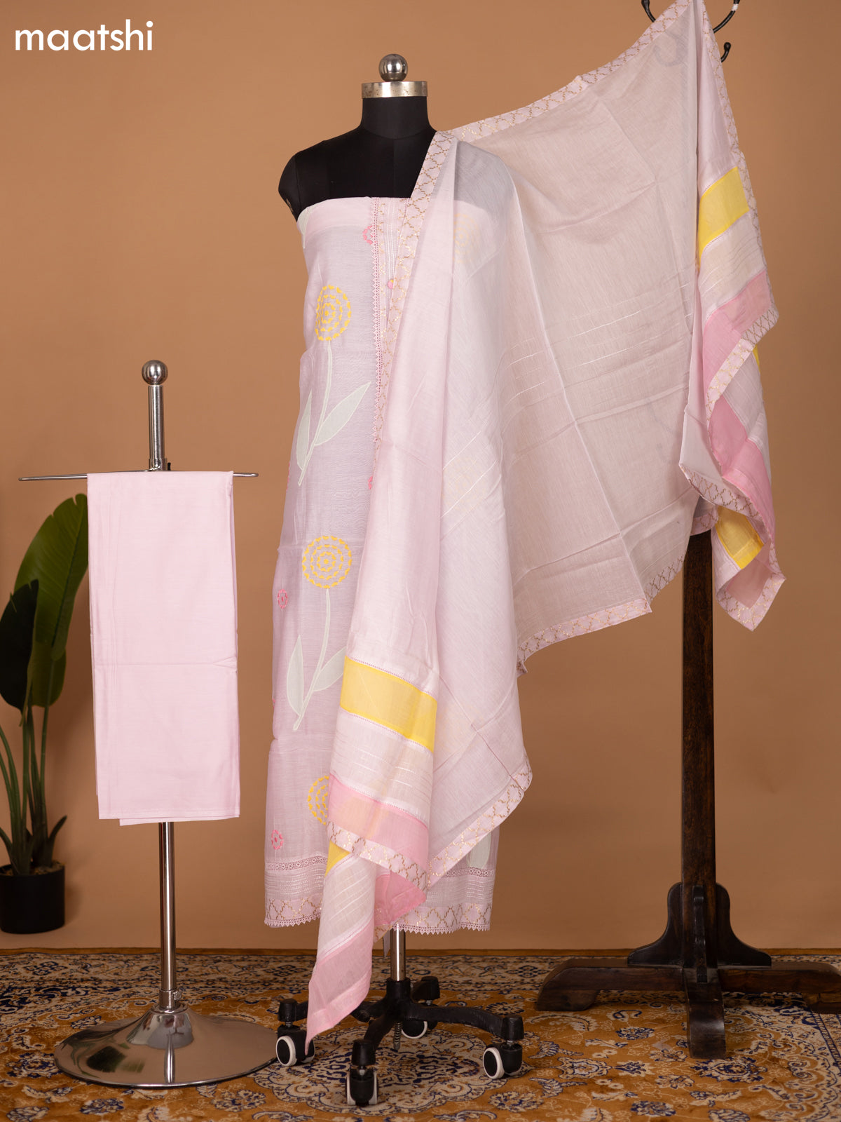 Baby Pink Mul Chanderi Dress Material With Embroidery Work Pattern