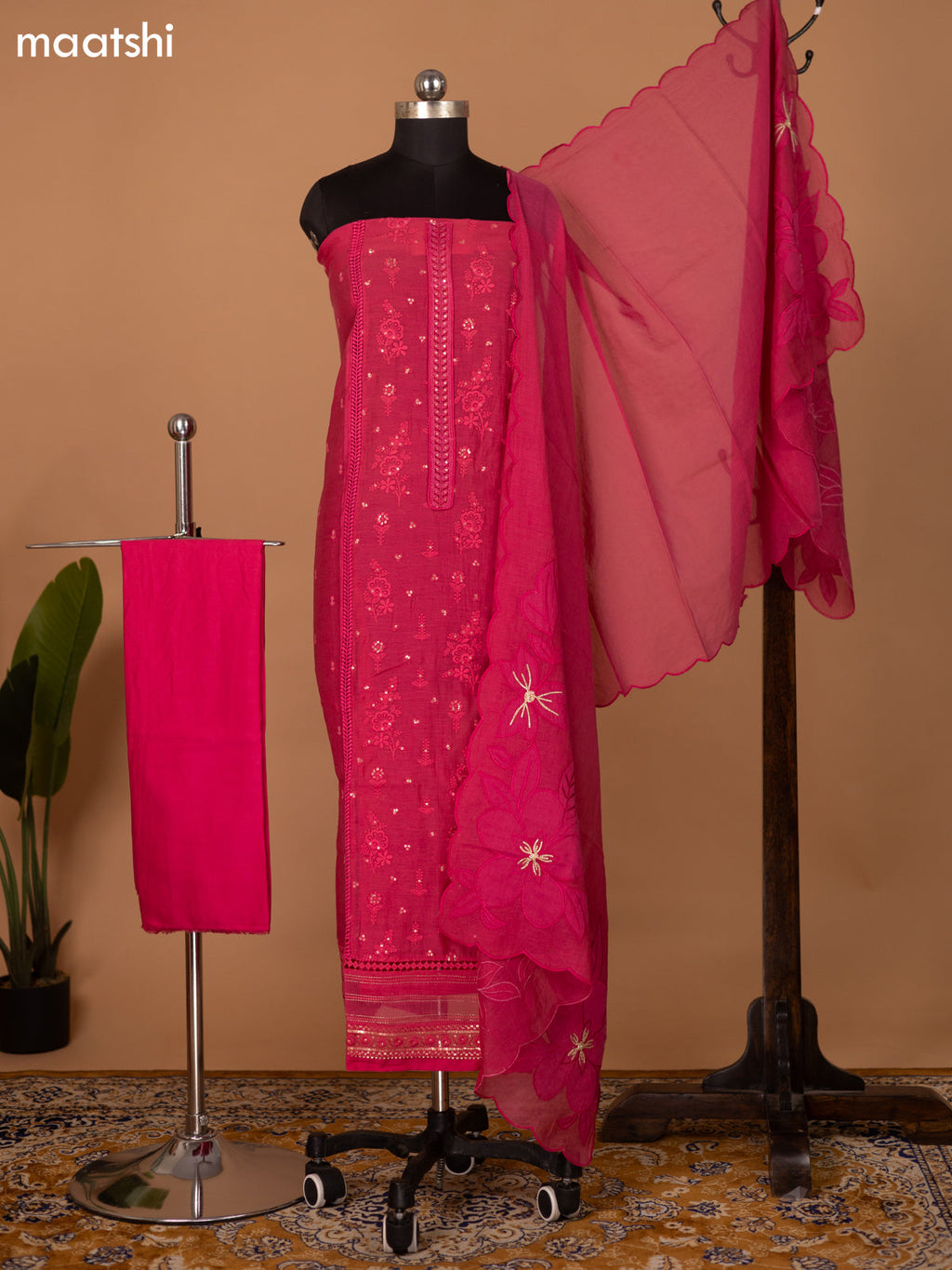 Pink Mul Chanderi Dress Material With Embroidery Work Pattern