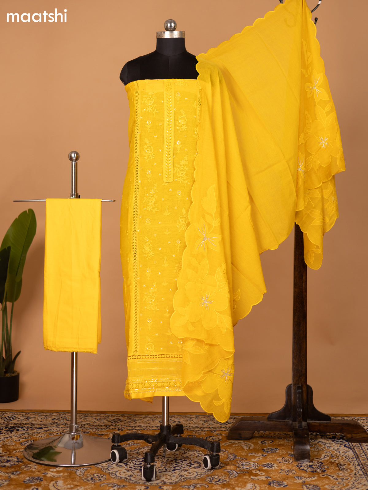 Yellow Mul Chanderi Dress Material With Embroidery Work Pattern