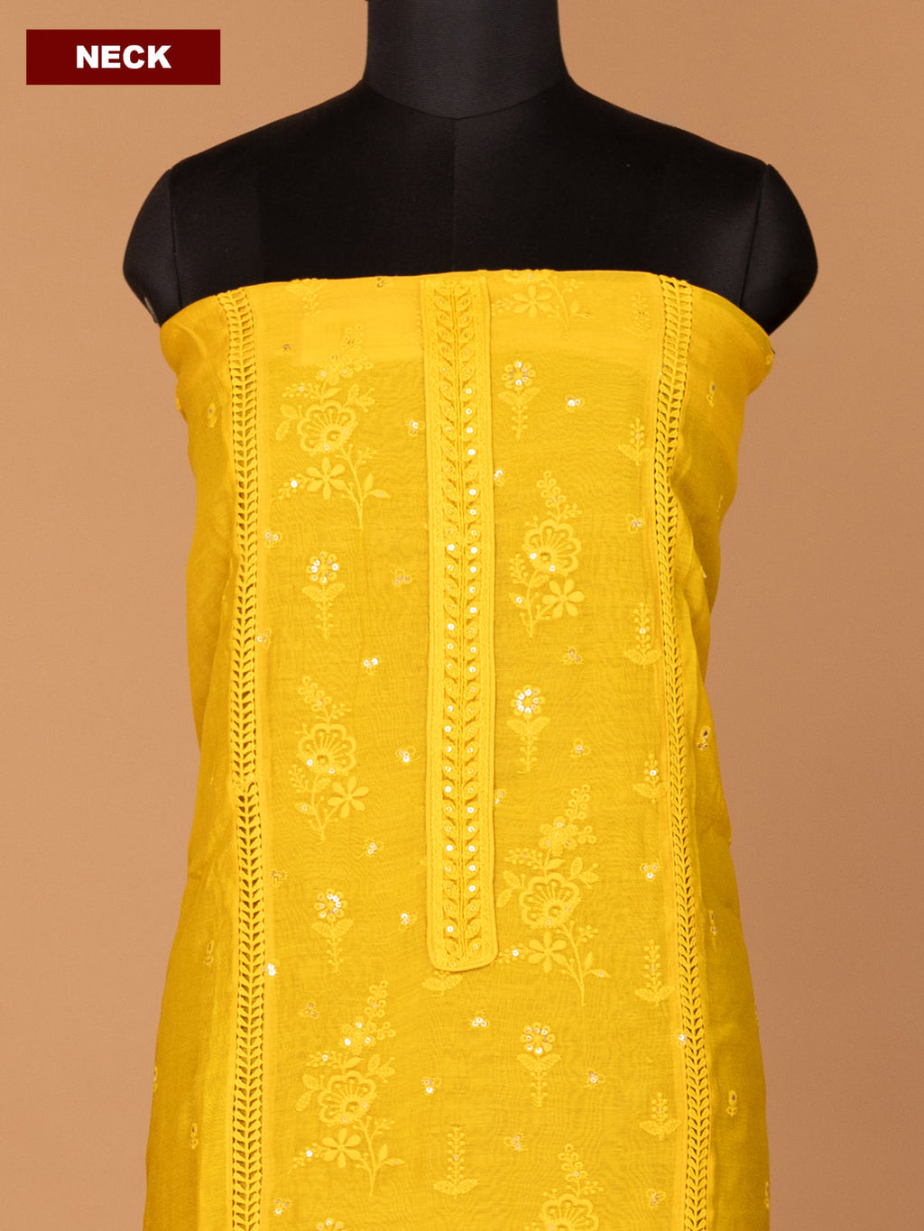 Yellow Mul Chanderi Dress Material With Embroidery Work Pattern