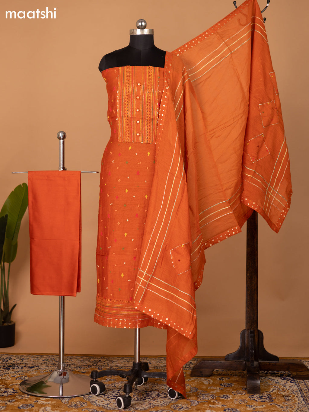 Rustic Orange Mul Chanderi Dress Material With Thread & Zari Buttas