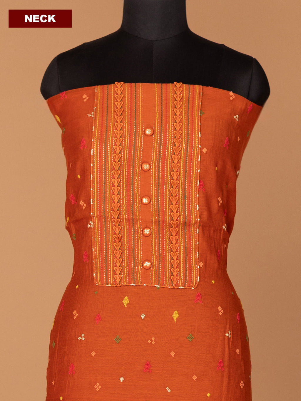 Rustic Orange Mul Chanderi Dress Material With Thread & Zari Buttas