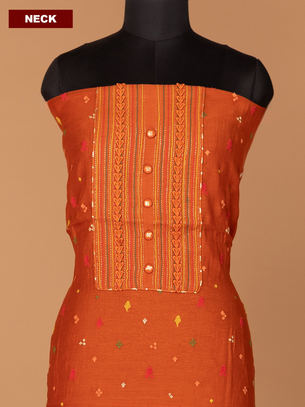 Rustic Orange Mul Chanderi Dress Material With Thread & Zari Buttas
