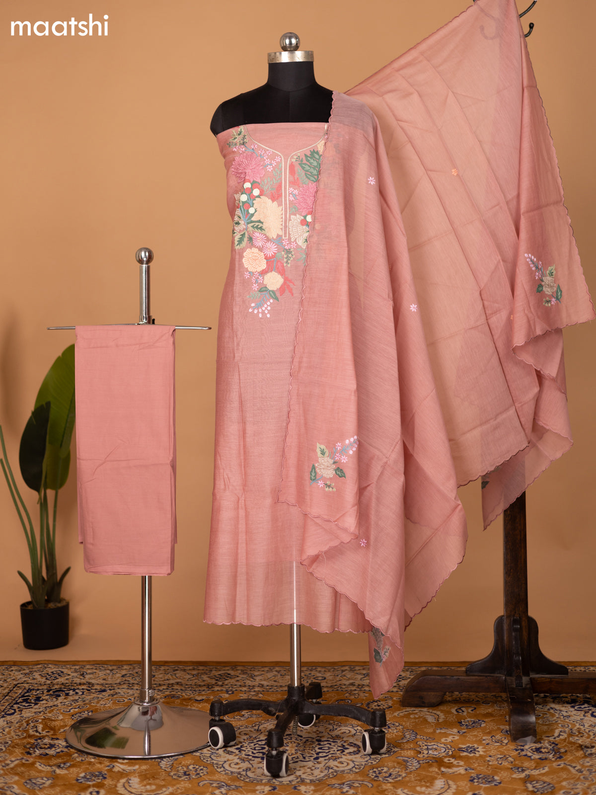 Drak Peach Mul Chanderi Dress Material With Embroidery Work Neck Pattern