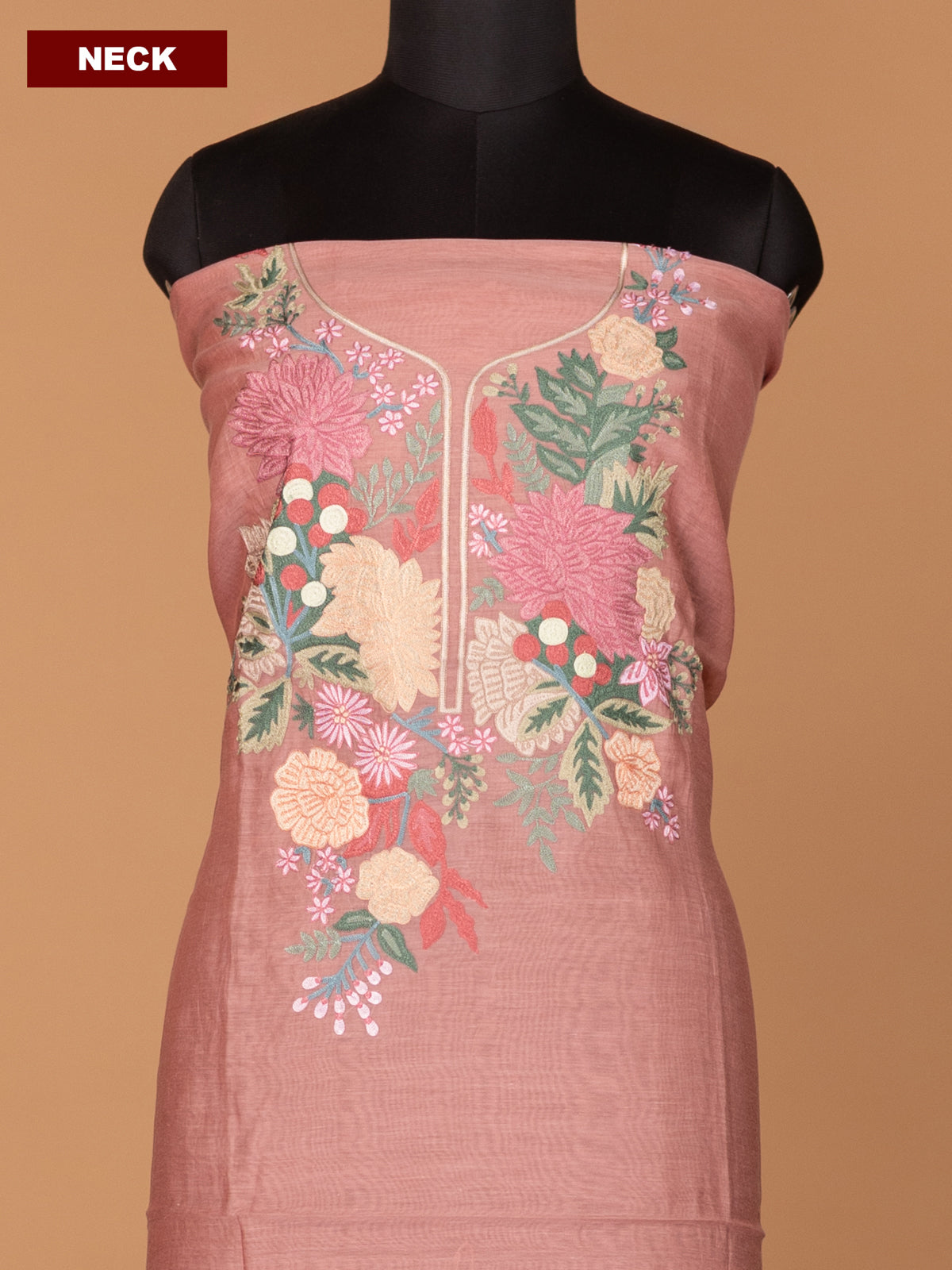 Drak Peach Mul Chanderi Dress Material With Embroidery Work Neck Pattern