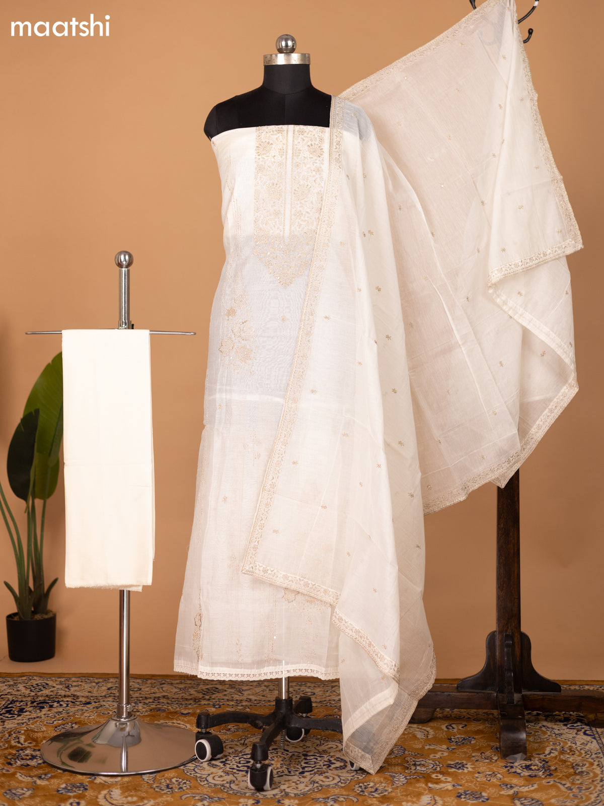 Off White Mul Chanderi Dress Material With Embroidery Work Pattern