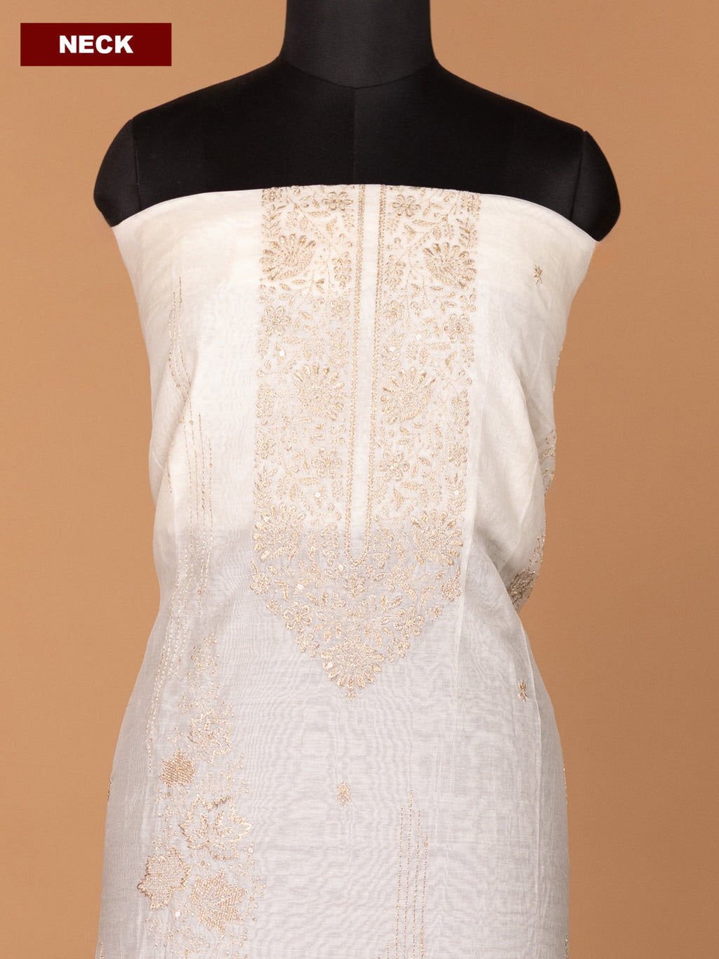 Off White Mul Chanderi Dress Material With Embroidery Work Pattern