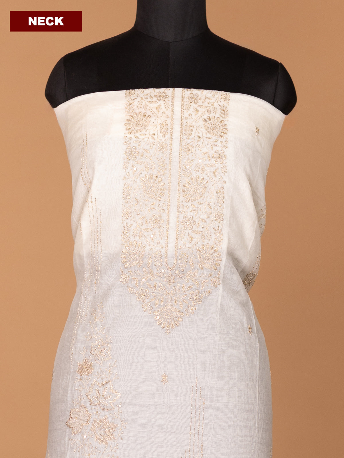 Off White Mul Chanderi Dress Material With Embroidery Work Pattern