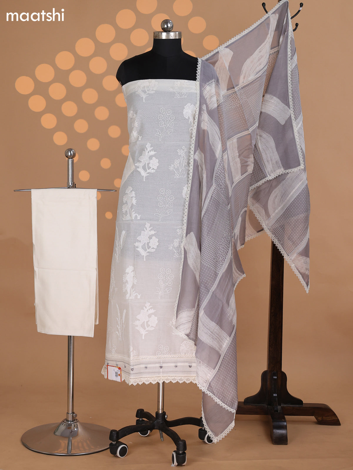 Off White and Grey Mul Chanderi Dress Material With Embroidery Work Pattern