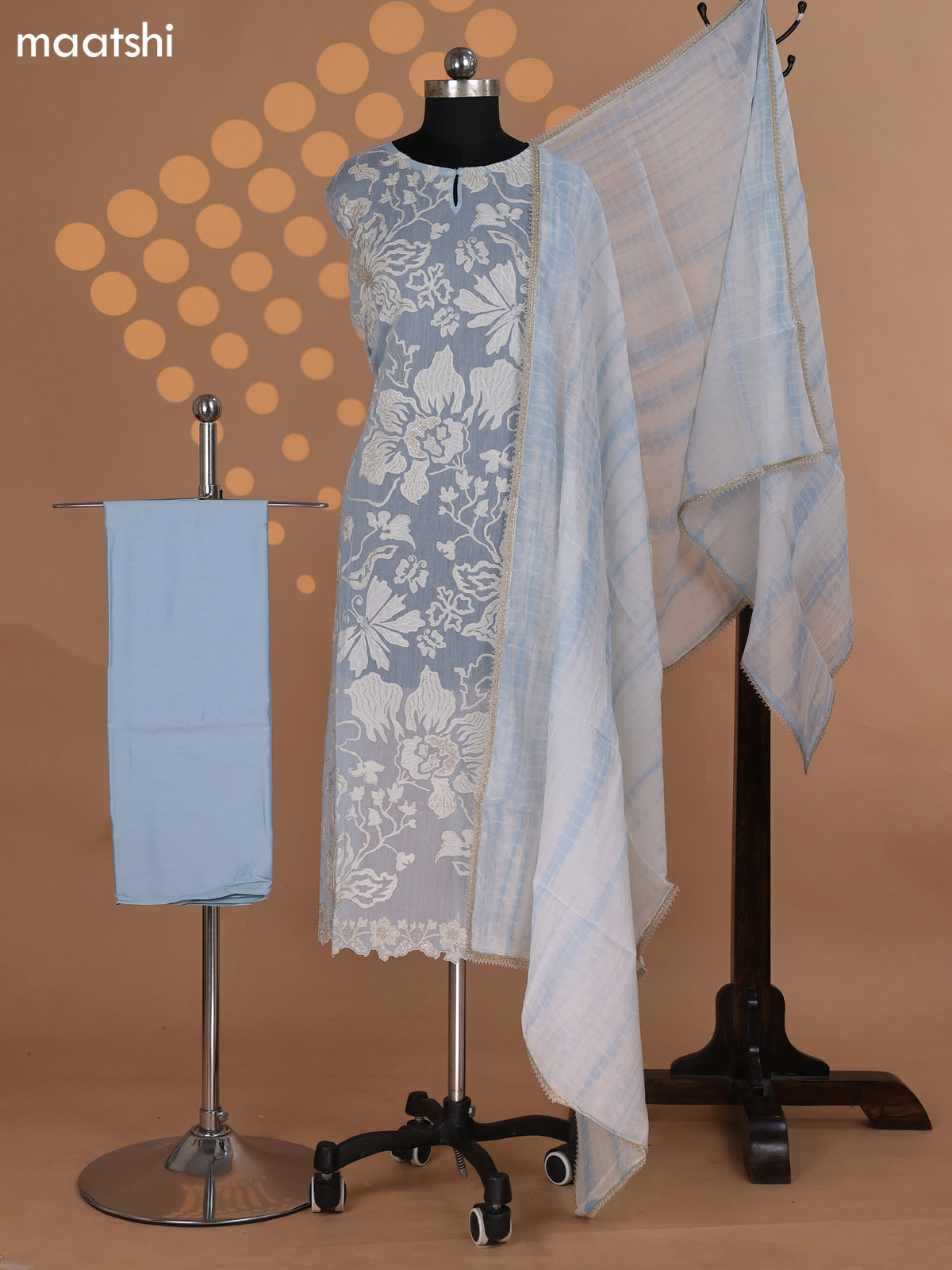 Pastel Blue Mul Chanderi Dress Material With Embroidery Work Pattern