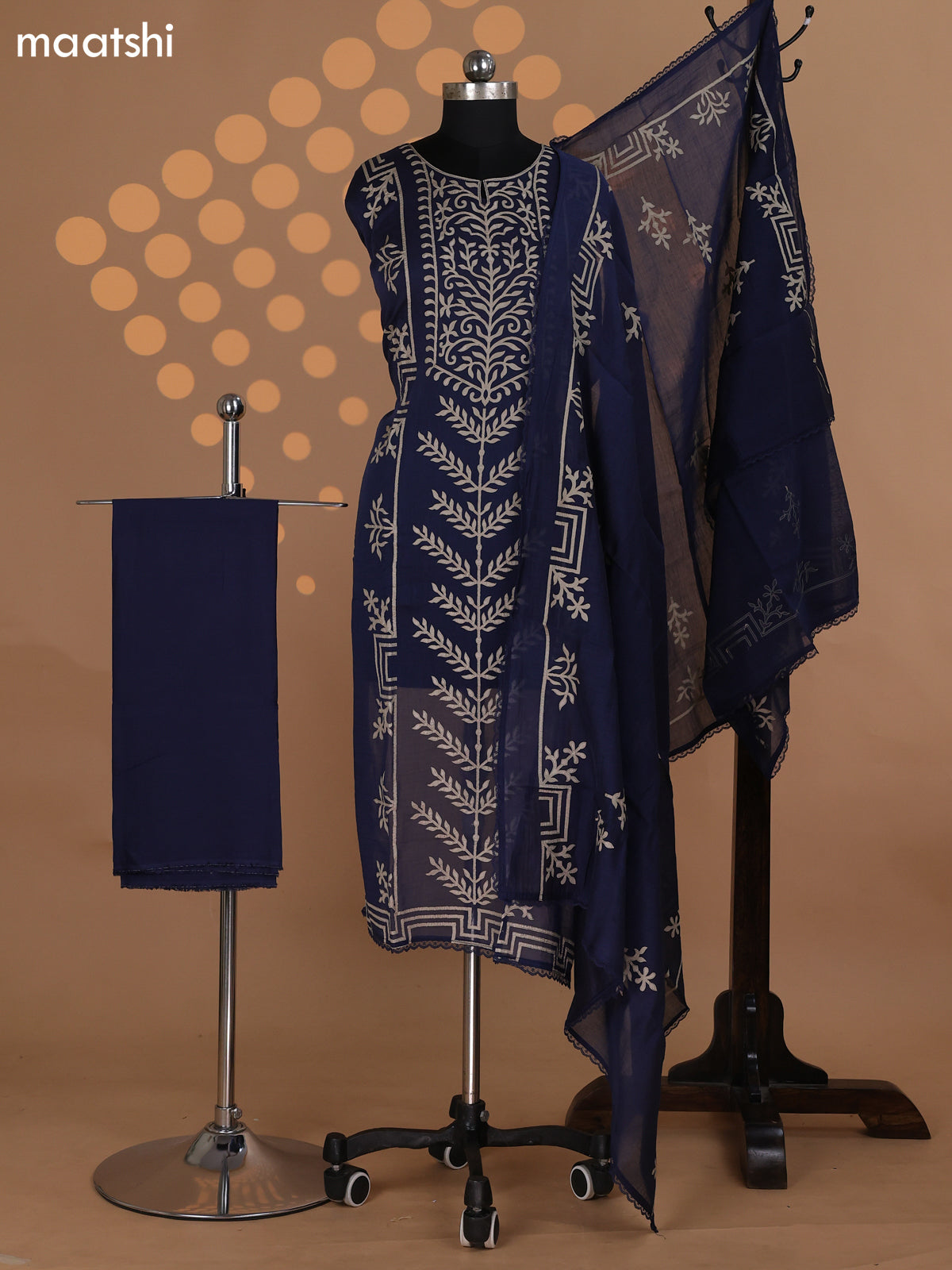 Navy Blue Mul Chanderi Dress Material With Patch Work Pattern