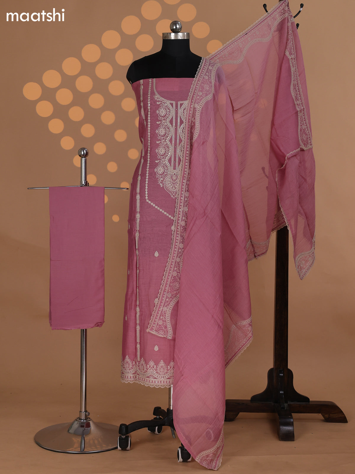 Peach Pink Mul Chanderi Dress Material With Embroidery Work Neck Pattern