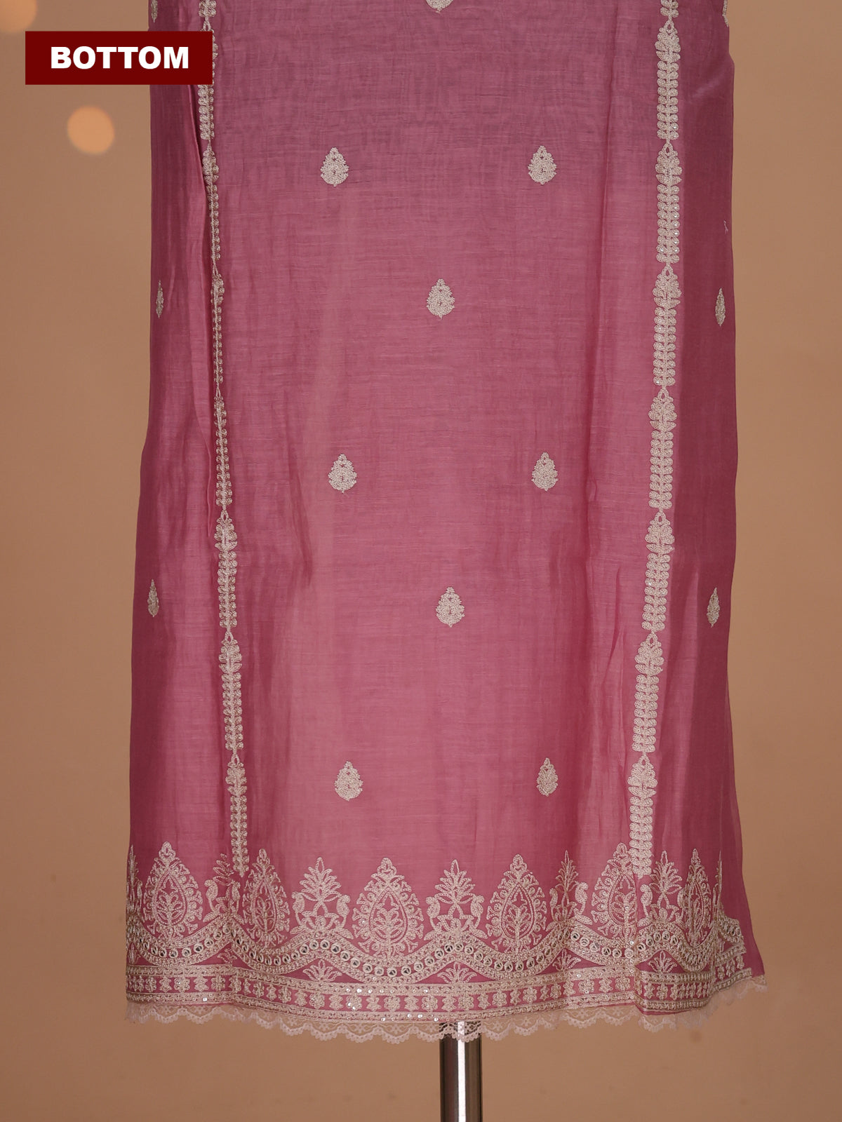 Peach Pink Mul Chanderi Dress Material With Embroidery Work Neck Pattern
