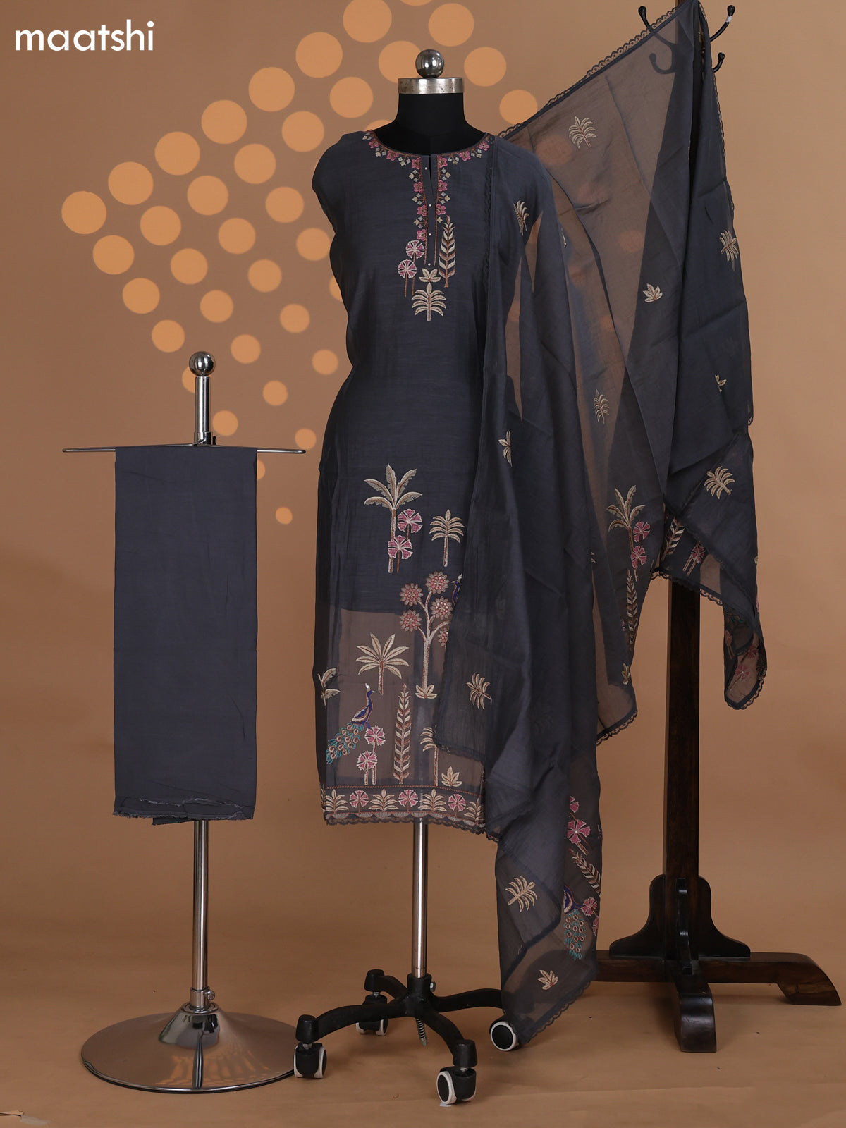 Grey Mul Chanderi Dress Material With Embroidery Work Pattern