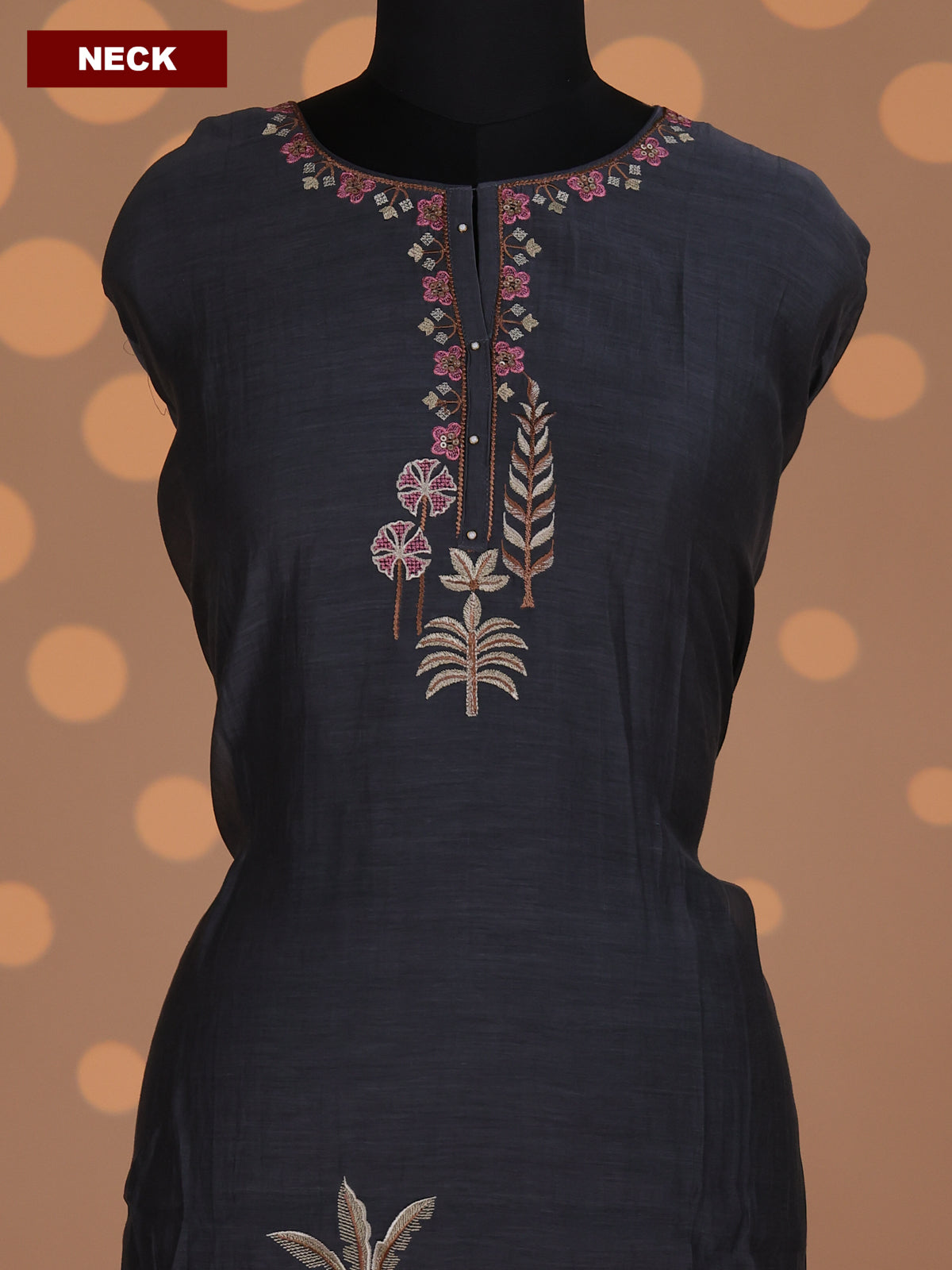 Grey Mul Chanderi Dress Material With Embroidery Work Pattern