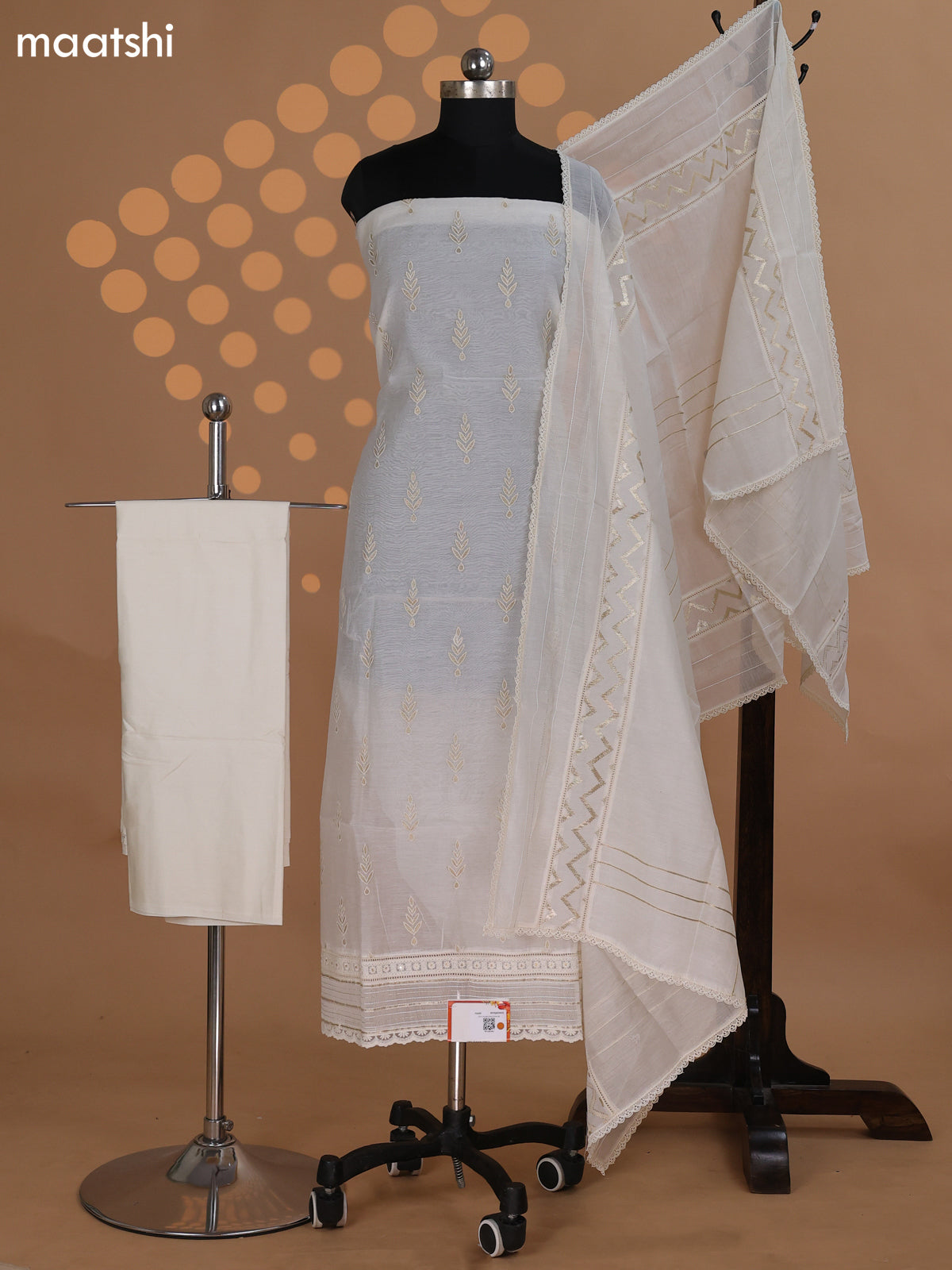 Off White Mul Chanderi Dress Material With Embroidery Work Pattern