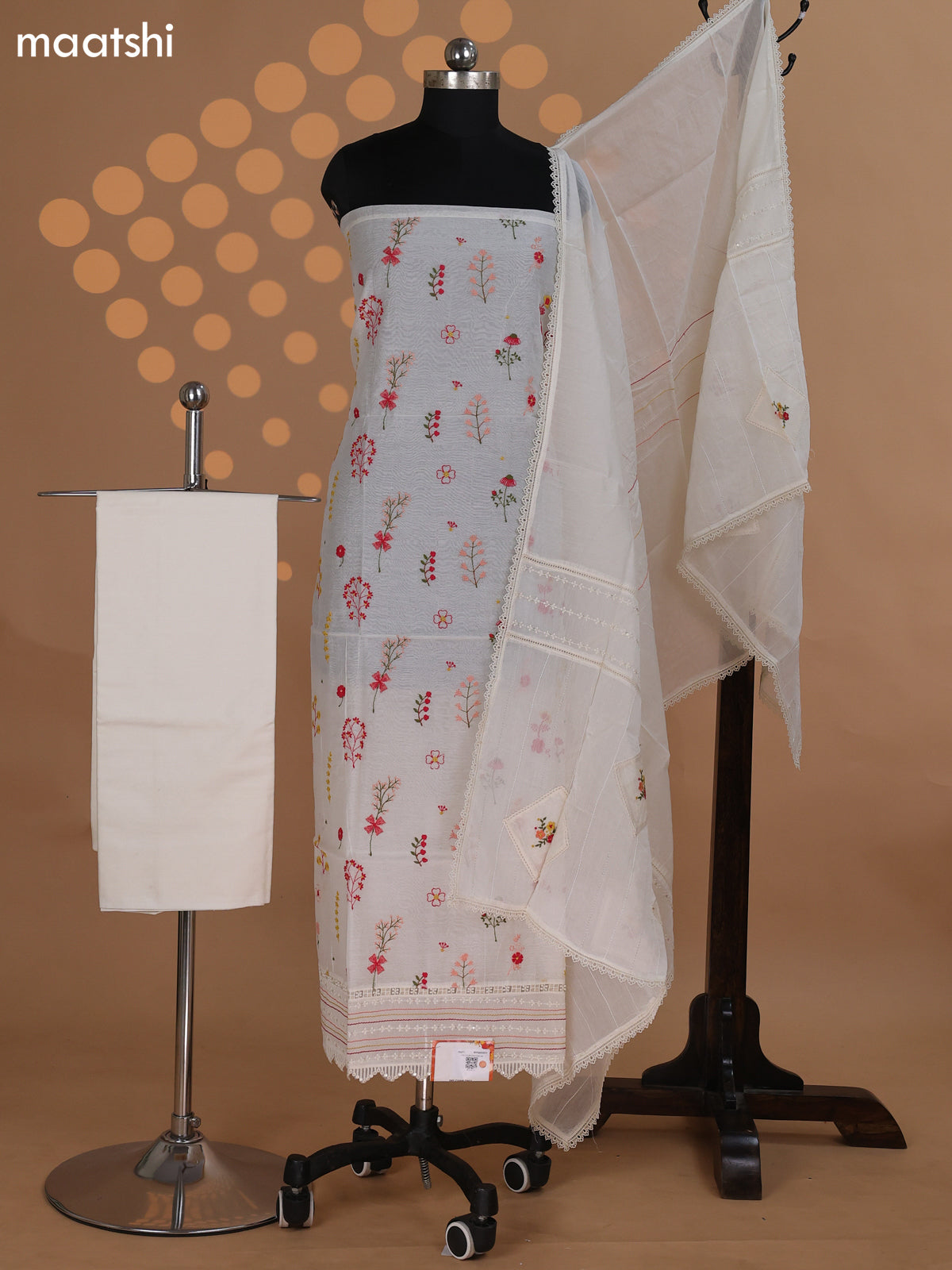 Off White Mul Chanderi Dress Material With Embroidery Work Pattern