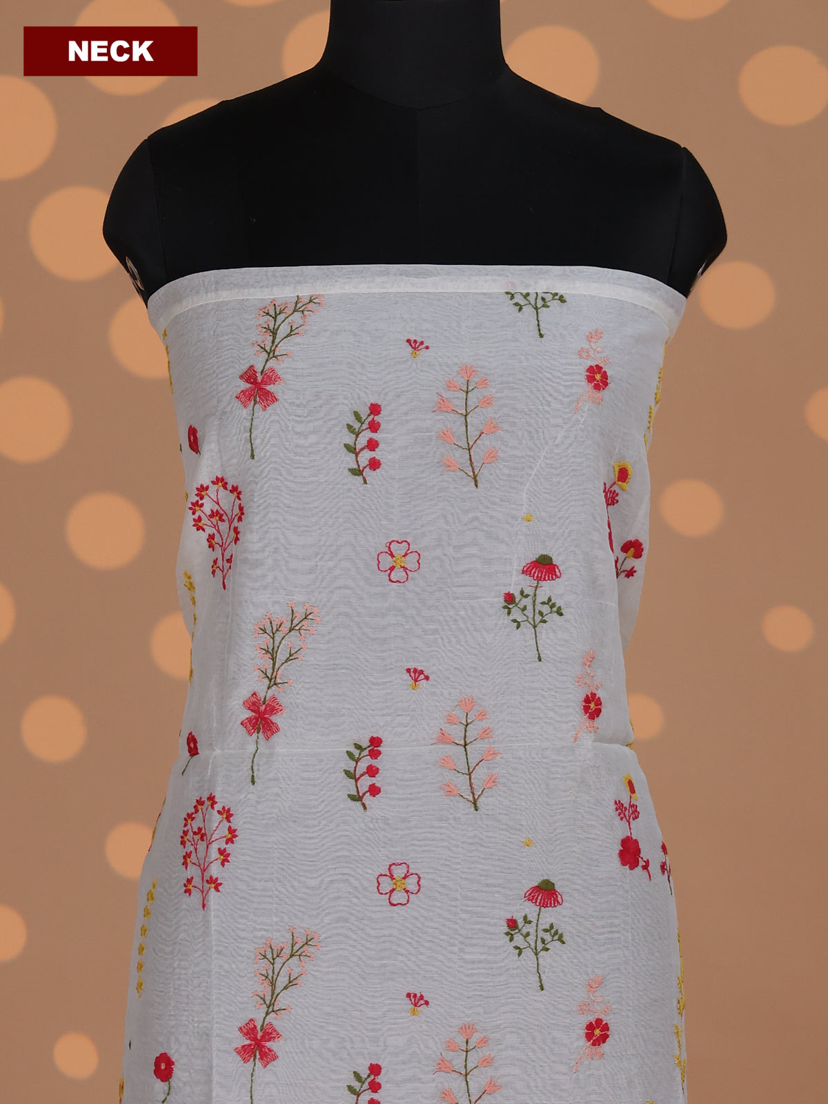 Off White Mul Chanderi Dress Material With Embroidery Work Pattern